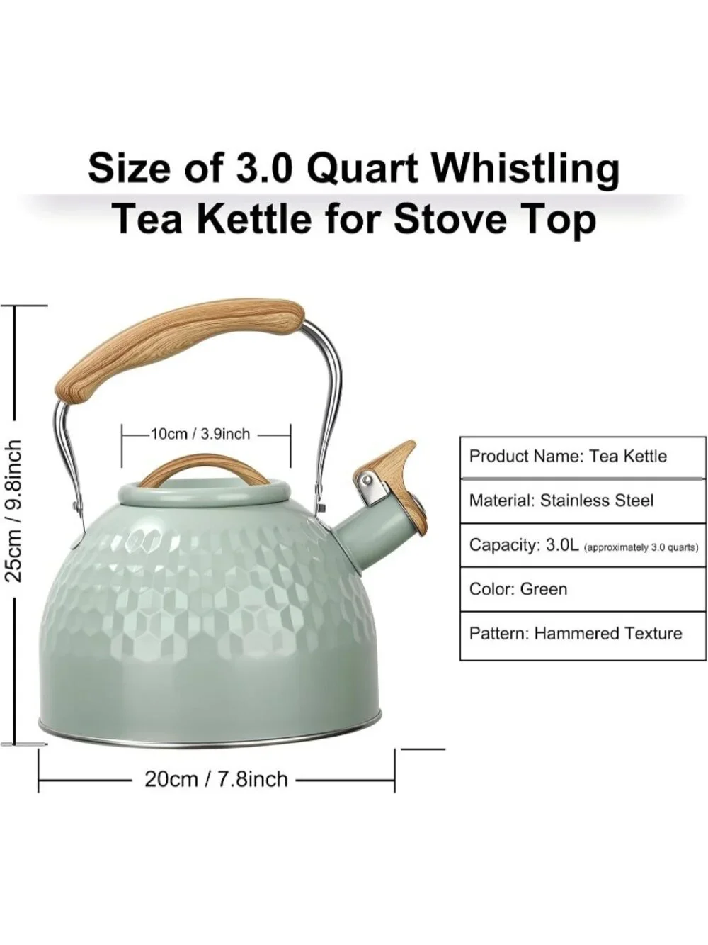Green Kitchen Whistling Tea Kettle 3 L Stainless Steel Stovetop Folding Handle